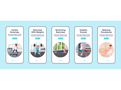 健身房锻炼板载移动应用屏幕平面矢量模板(Gym workout onboarding mobile app screen flat vector template)