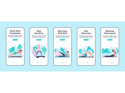 健身锻炼板载移动应用屏幕平面矢量模板(Fitness exercises onboarding mobile app screen flat vector template)