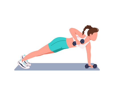 用哑铃做俯卧撑的女性平面彩色矢量不露面人物(Woman doing push ups with dumbbells flat color vector faceless character)