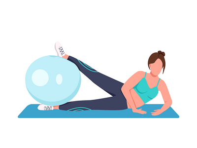 用瑞士球平面彩色矢量不露面字符进行女子训练(Woman training with swiss ball flat color vector faceless character)