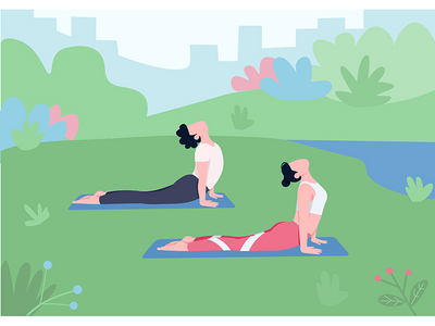 户外瑜伽平面彩色矢量图(Outdoor yoga flat color vector illustration)