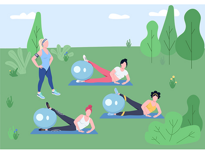 户外普拉提类平面彩色矢量图(Outdoor pilates class flat color vector illustration)