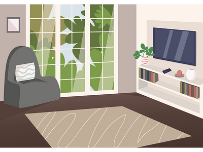 宽敞的客厅平面彩色矢量图(Spacious living room flat color vector illustration)