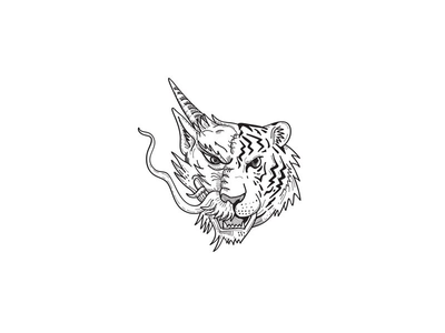 半中国龙半孟加拉虎的头正面图(Head of a Half Chinese Dragon Half Bengal Tiger Front View Drawing)