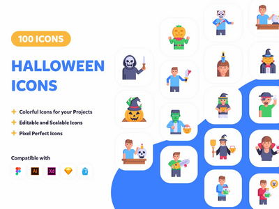 100 个万圣节图标-平面向量(100 Halloween Icons - Flat Vectors)