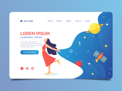 具有幸福女人和空间背景的登陆页面(Landing page with happy woman and space background)