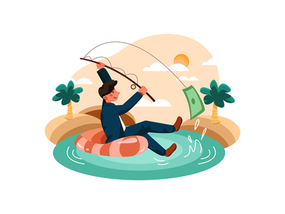 坐在救生圈上钓鱼美元的商人(Businessman fishing dollar sitting on lifebuoy)