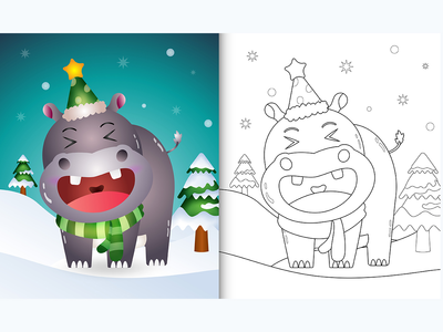 带有可爱河马圣诞人物的图画书(coloring book with a cute hippo christmas characters)
