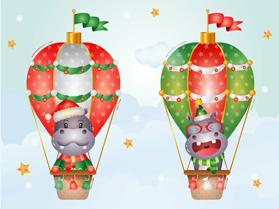 热气球上可爱的河马圣诞人物(Cute hippo christmas characters on hot air balloon)