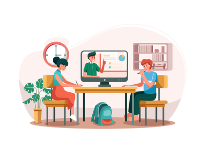 男孩和女孩在桌子上学习在线课程。(The boy and the girl learning online course on the table.)