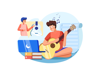 男孩根据在线教程学习演奏乐器。(The boy learns to play musical instrument according to an online tutorial.)