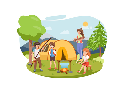 与孩子们的夏日风景。儿童营(Summer landscape with kids. Children camp)