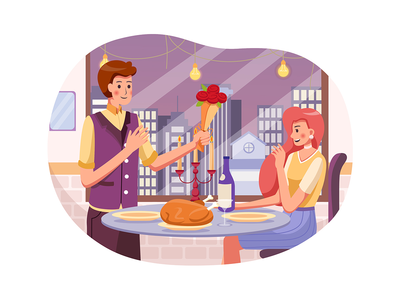 穿西装的男人在他们的浪漫餐厅给女人一束玫瑰(Man in suit gives a bouquet of roses to woman at their Romantic Dining)