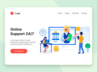 在线支持 24/7 - 银行和金融插图(Online Support 24/7 - Banking & Finance Illustration)