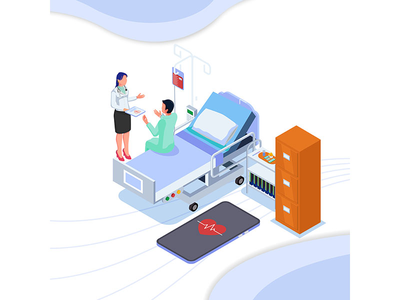 患者坐在床上与护士交流。医疗服务。(Patient do communication with nurse when sitting on bed. Medical service.)