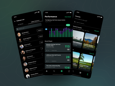 Holeswing - 追随者名单、表演、课程（黑暗模式）(Holeswing - Follower List, Performance, Courses (Dark Mode))