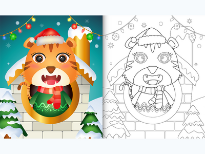 带有可爱的老虎圣诞角色的着色书(coloring book with a cute tiger christmas characters)