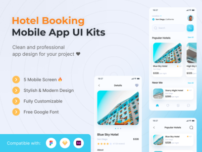酒店预订移动 UI 套件模板(Hotel Booking Mobile UI Kits Template)