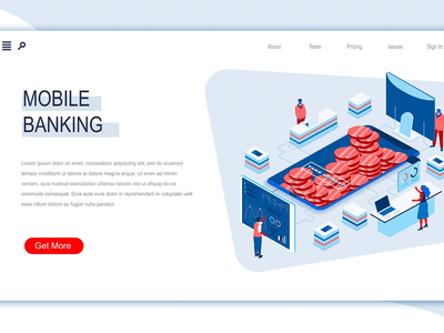 移动银行等距横幅平面概念(Mobile Banking Isometric Banner Flat Concept)