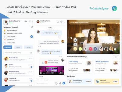 多工作区通信 - 聊天、视频通话和安排会议样机(Multi Workspace Communication - Chat, Video Call and Schedule Meeting Mockup)
