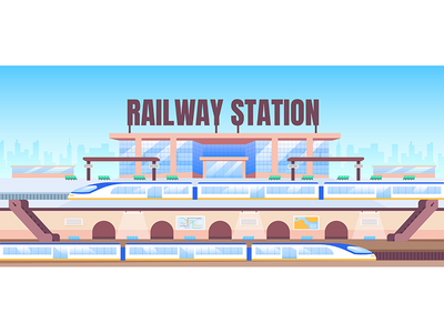 火车站横幅平面矢量模板(Railway station banner flat vector template)