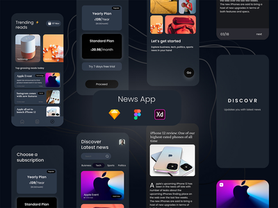 新闻 App UI Kit 深色模式(News App UI Kit Dark Mode)