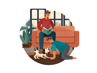 男人在看书，而他的孩子和狗玩耍(Man reading book while his kid playing with dog)