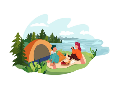 一男一女在湖边搭帐篷(A man and woman setting a tent by lake)