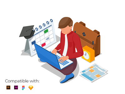 等距学生做在线学习。男包，日历。(Isometric student do online learning. Male with bag, calendar.)