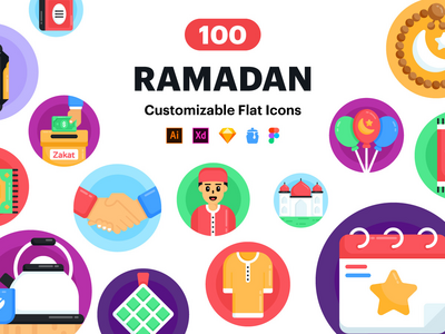 100 平斋月矢量图标(100 Flat Ramadan Vector Icons)