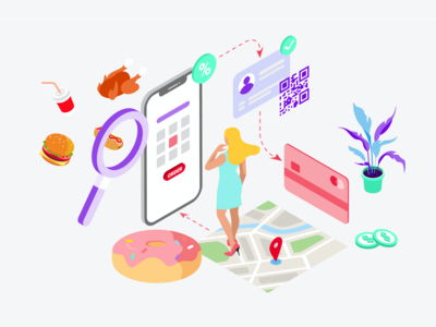 通过数字钱包等距插图订购食物和饮料(Order Food and Drink by Digital Wallet Isometric Illustration)