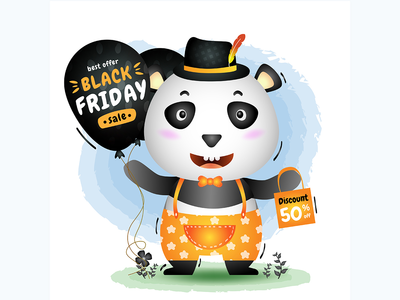 黑色星期五促销活动，提供可爱的熊猫气球促销(Black friday sale with a cute panda hold balloon promotion)