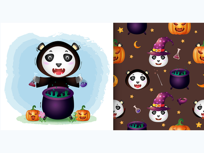万圣节女巫服装的熊猫。无缝图案和插图设计(panda with witch costume halloween . seamless pattern and illustration designs)