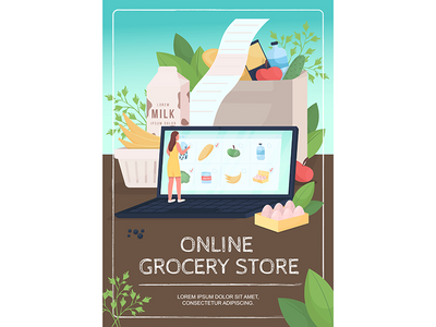 在线杂货店海报平面矢量模板(Online grocery store poster flat vector template)