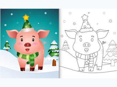 着色书与猪圣诞人物收藏与帽子和围巾(coloring book with a pig christmas characters collection with a hat and scarf)