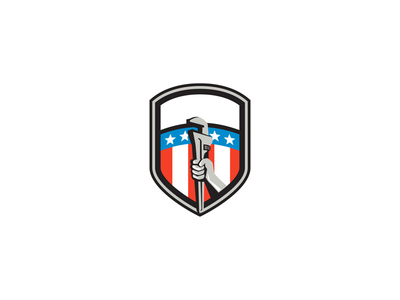 水管工手管扳手美国国旗盾复古(Plumber Hand Pipe Wrench USA Flag Shield Retro)