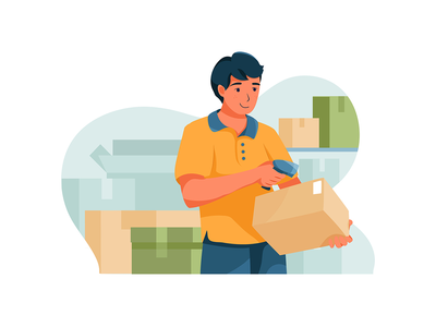 托运人正在扫描箱子的条形码。(The shipper is scanning a box's barcode.)