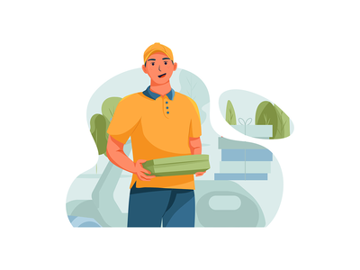 快乐的托运人正在运送礼品盒。(The happy shipper is delivering the gift box.)