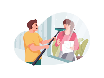 擦窗户的清洁工正在向女孩打招呼(The cleaning man wiping the window is greeting to the girl)