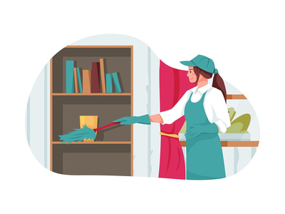 清洁工用羽毛刷打扫办公室(Cleaning worker cleans the office with feather brush)