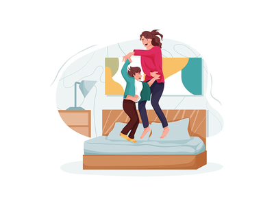 妈妈正在旅馆的床上和她的儿子玩耍。(Mom is playing with her son in the hotel bed.)