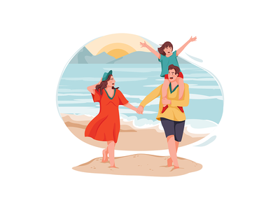 走在海洋海滩的愉快的家庭(Happy family walking on the ocean beach)