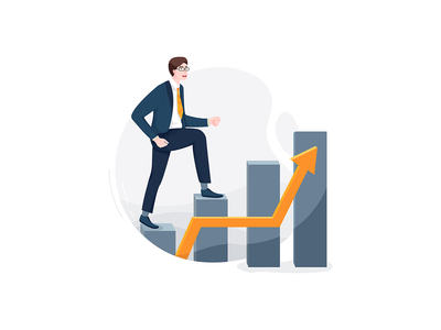 快乐的商人用箭头向上列。销售额增加(Happy businessman goes up columns with a arrow. Sales increase)