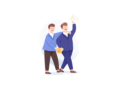 一个商人手里拿着合同，另一个拿着金币(One businessman hold contract in hand and another hold golden coin)