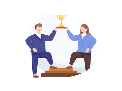 商人和女商人一起拿着奖杯。(Businessman and businesswoman hold a trophy together.)