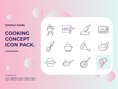 12 个烹饪概念涂鸦插图图标集(12 cooking concept doodle illustrations icon set)