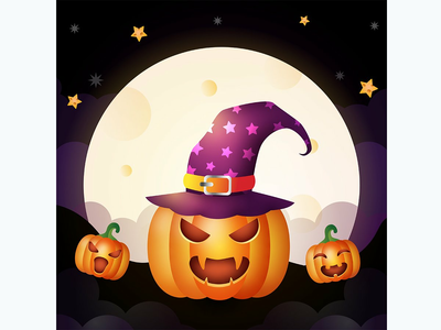 万圣节南瓜用女巫帽站在月球前的地面上(halloween pumpkin using witch hat stand on ground front the moon)