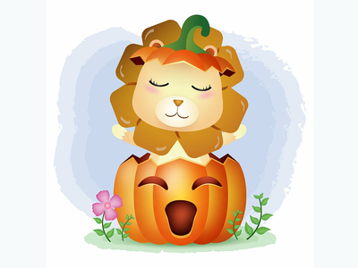 万圣节南瓜里的可爱狮子(a cute lion in the halloween pumpkin)