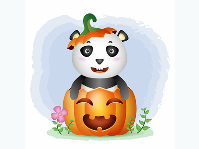 万圣节南瓜里的可爱熊猫(a cute panda in the halloween pumpkin)