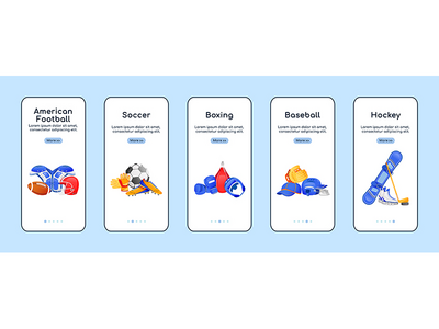 运动器材机载移动应用屏幕平面矢量模板(Sports equipment onboarding mobile app screen flat vector template)